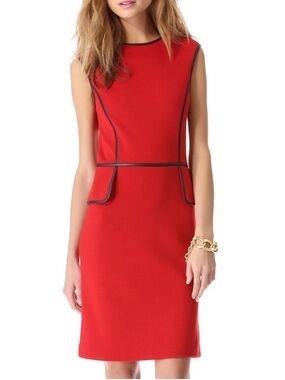 Tory Burch Women's XS Red Wool Blend Sheath Dress with Leather Trim